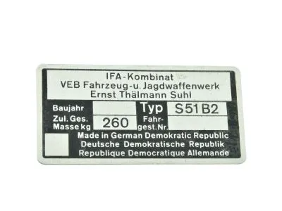 Typenschild Simson S51-B2 ORIGINALTEIL