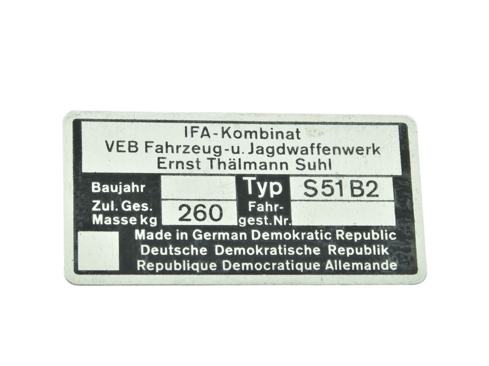 Typenschild Simson S51-B2 ORIGINALTEIL