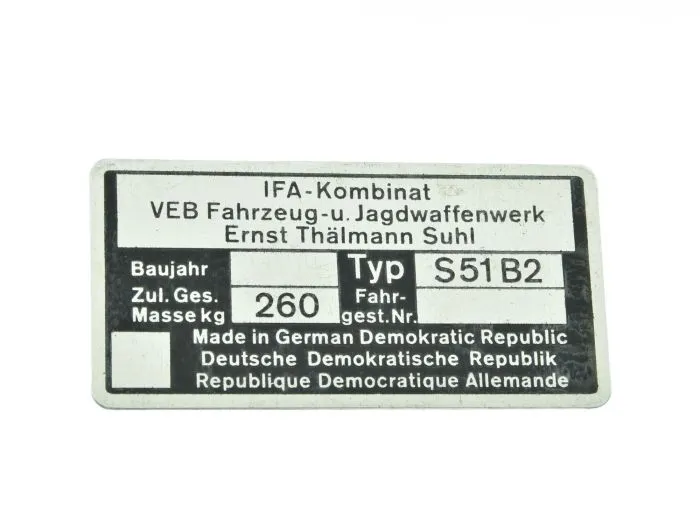 Typenschild Simson S51-B2 ORIGINALTEIL