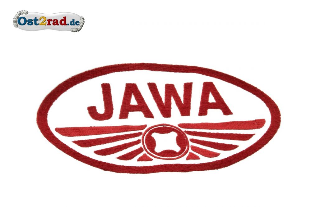 Aufnäher JAWA Pionyr Logo oval weiss rot - 20x11cm Aufnäher JAWA Pionyr Logo oval weiss rot - 20x11cm