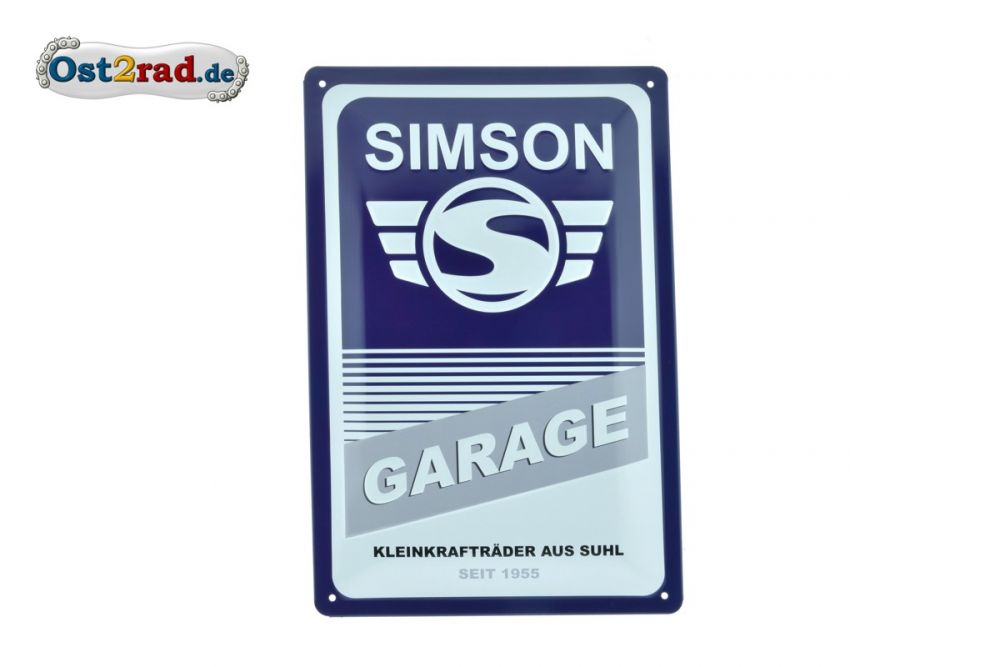 Blechschild blau-weiß Simson-Garage 20x30cm Blechschild blau-weiß Simson-Garage 20x30cm
