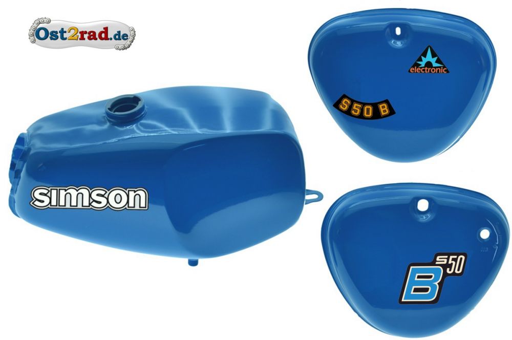 Büffeltank Set mit Seitendeckel für Simson S50 N S51, MedionBlue, innen versiegelt Büffeltank Set mit Seitendeckel für Simson S50 N S51, MedionBlue, innen versiegelt