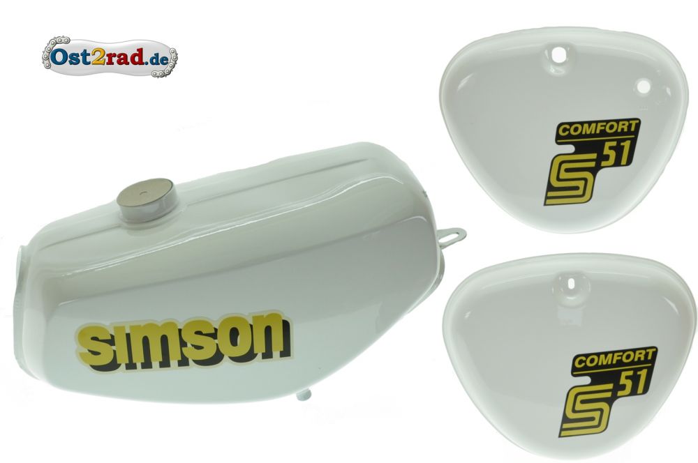 Tank Set weiß mit Seitendeckel S51 S70 ComfortWhite, versiegelt, mit Aufkleber Simson Tank Set weiß mit Seitendeckel S51 S70 ComfortWhite, versiegelt, mit Aufkleber Simson