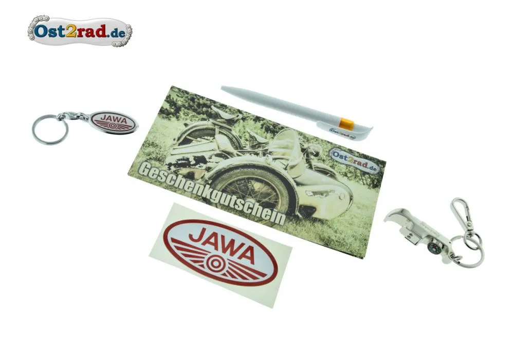Geschenkset JAWA Gutschein Kugelschreiber Schlüsselanhänger Aufkleber Geschenkset JAWA Gutschein Kugelschreiber Schlüsselanhänger Aufkleber