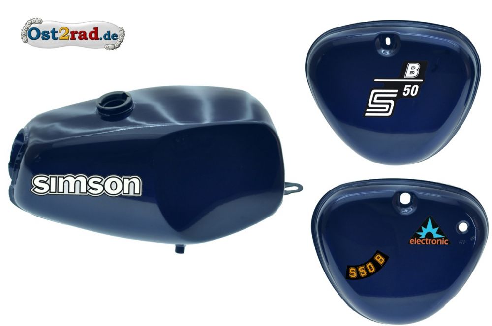 Büffeltank Set mit Seitendeckel für Simson S50 S51, Perlblau Metallic, innen versiegelt Büffeltank Set mit Seitendeckel für Simson S50 S51, Perlblau Metallic, innen versiegelt
