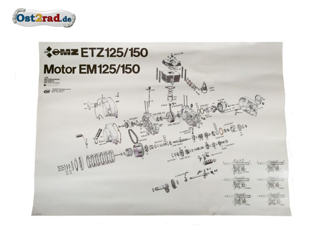 Poster Plakat Explosionszeichnung MZ - Motor ETZ 125 150 Poster Plakat Explosionszeichnung MZ - Motor ETZ 125 150