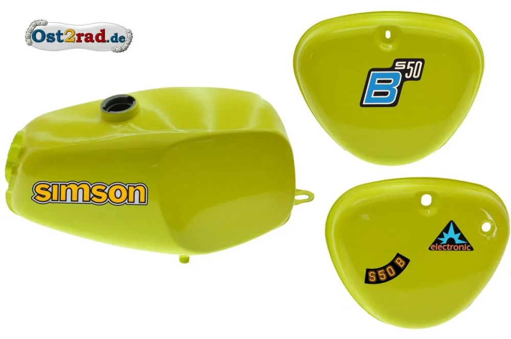 Büffeltank Set mit Seitendeckel für Simson S50 S51, Schwefelgelb, innen versiegelt Büffeltank Set mit Seitendeckel für Simson S50 S51, Schwefelgelb, innen versiegelt