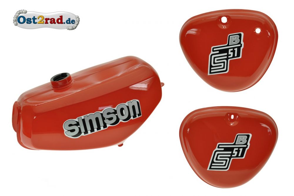 Tank Set Seitendeckel S51 S70 Flammrot innen versiegelt mit Aufkleber Simson Tank Set Seitendeckel S51 S70 Flammrot innen versiegelt mit Aufkleber Simson