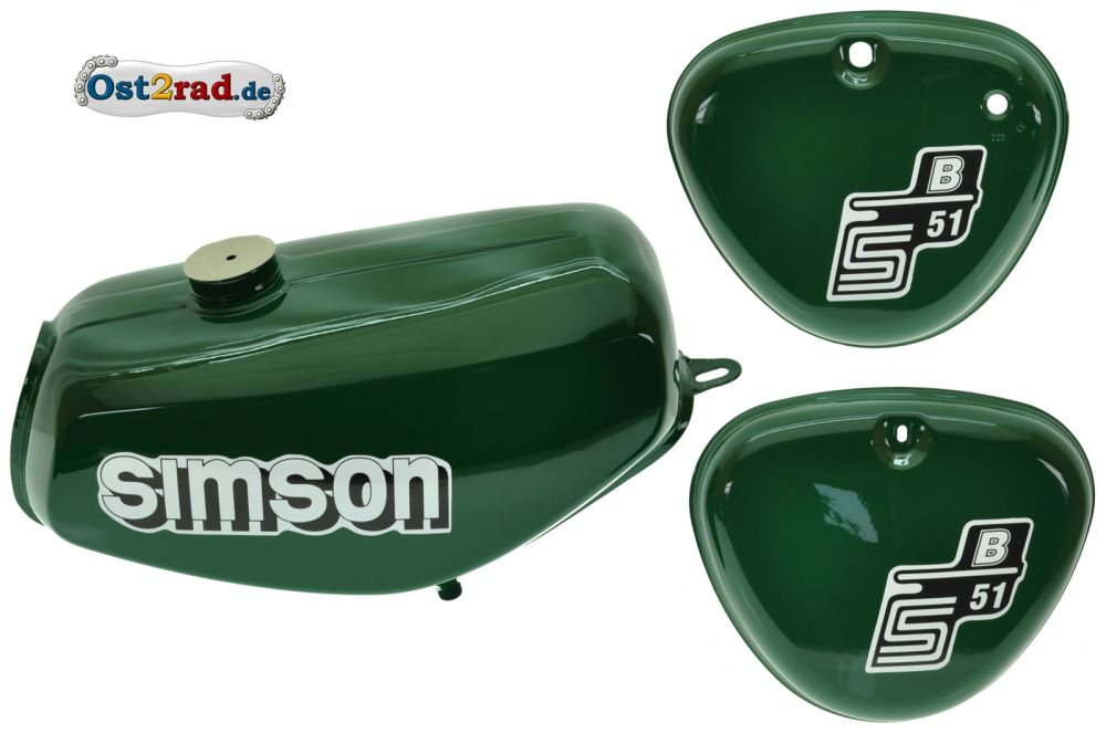 Tank Set mit Seitendeckel S51 S70 Billardgrün, versiegelt, mit Aufkleber Simson Tank Set mit Seitendeckel S51 S70 Billardgrün, versiegelt, mit Aufkleber Simson