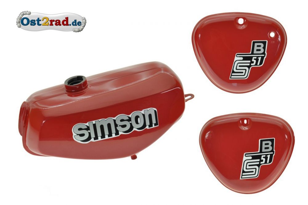 Tank Set mit Seitendeckel S51 S70 Kirschrot Metallic, versiegelt, mit Aufkleber Simson Tank Set mit Seitendeckel S51 S70 Kirschrot Metallic, versiegelt, mit Aufkleber Simson