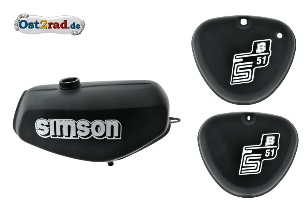 Tank Set mit Seitendeckel S51 S70 Mattschwarz, versiegelt, mit Aufkleber Simson Tank Set mit Seitendeckel S51 S70 Mattschwarz, versiegelt, mit Aufkleber Simson