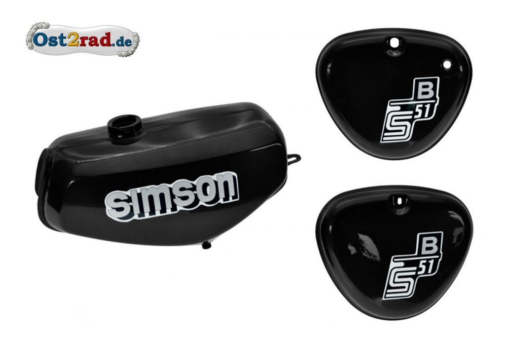Tank Set mit Seitendeckel S51 S70 SchwarzMetallik, versiegelt, mit Aufkleber Simson Tank Set mit Seitendeckel S51 S70 SchwarzMetallik, versiegelt, mit Aufkleber Simson