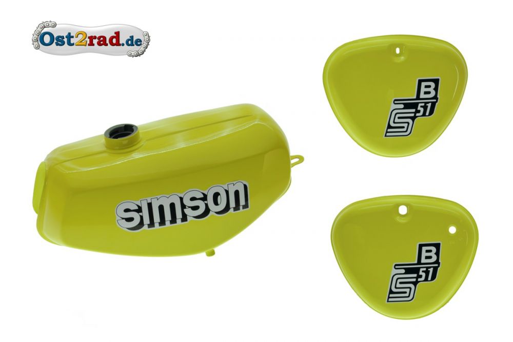 Tank Set Seitendeckel S51 S70 Schwefelgelb innen versiegelt mit Aufkleber Simson Tank Set Seitendeckel S51 S70 Schwefelgelb innen versiegelt mit Aufkleber Simson