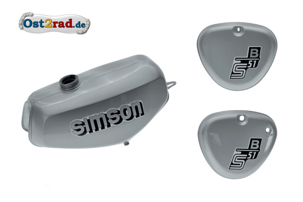 Tank Set mit Seitendeckel S51 S70 Silber, versiegelt, mit Aufkleber Simson Tank Set mit Seitendeckel S51 S70 Silber, versiegelt, mit Aufkleber Simson