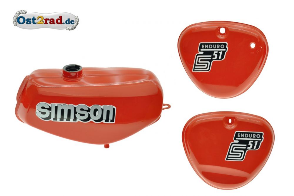 Tank Set mit Seitendeckel S51E ENDURO Flammrot versiegelt mit Aufkleber Simson Tank Set mit Seitendeckel S51E ENDURO Flammrot versiegelt mit Aufkleber Simson