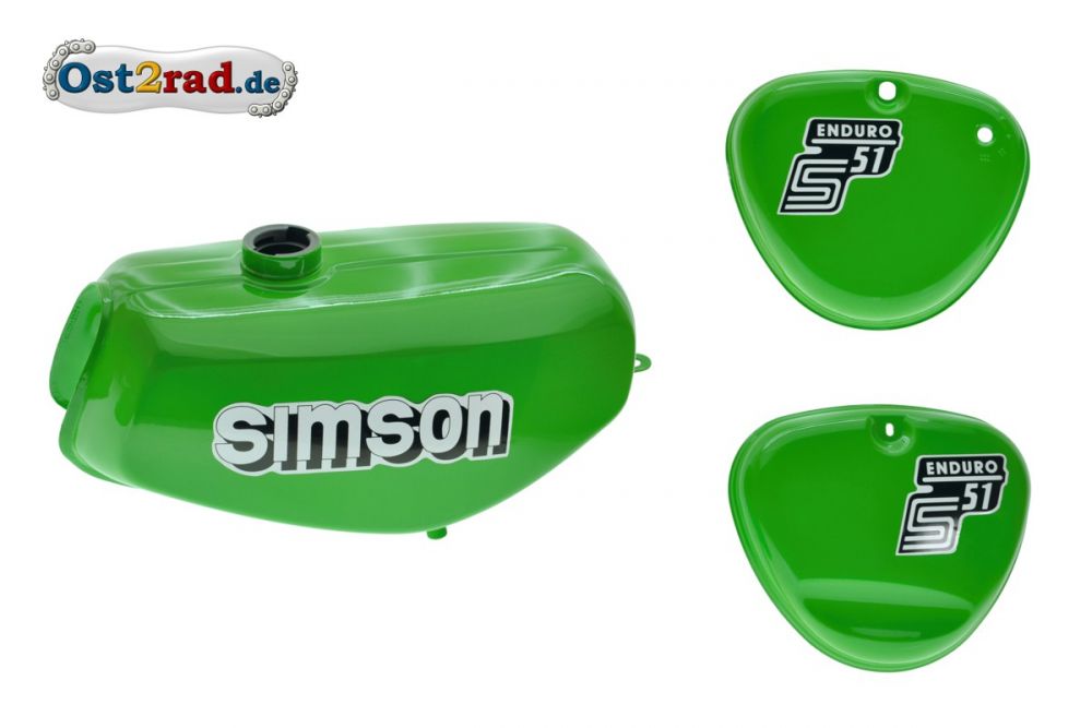 Tank Set mit Seitendeckel S51E ENDURO Gelbgrün versiegelt mit Aufkleber Simson Tank Set mit Seitendeckel S51E ENDURO Gelbgrün versiegelt mit Aufkleber Simson