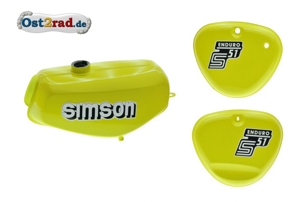 Tank Set mit Seitendeckel S51E ENDURO Schwefelgelb versiegelt mit Aufkleber Simson Tank Set mit Seitendeckel S51E ENDURO Schwefelgelb versiegelt mit Aufkleber Simson