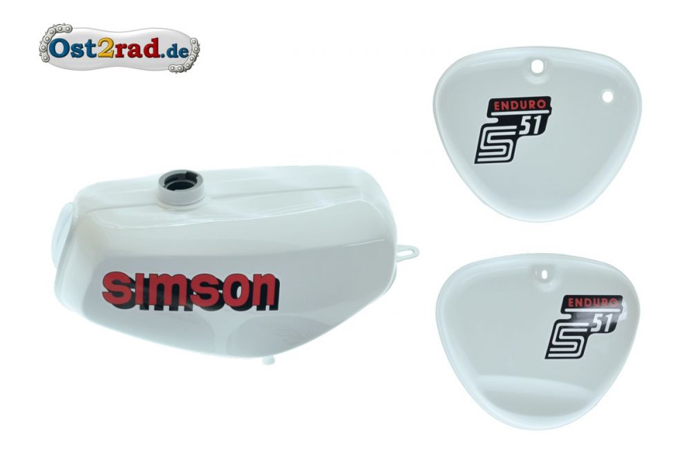 Tank Set mit Seitendeckel S51E ENDURO Weiss versiegelt mit Aufkleber Simson Tank Set mit Seitendeckel S51E ENDURO Weiss versiegelt mit Aufkleber Simson