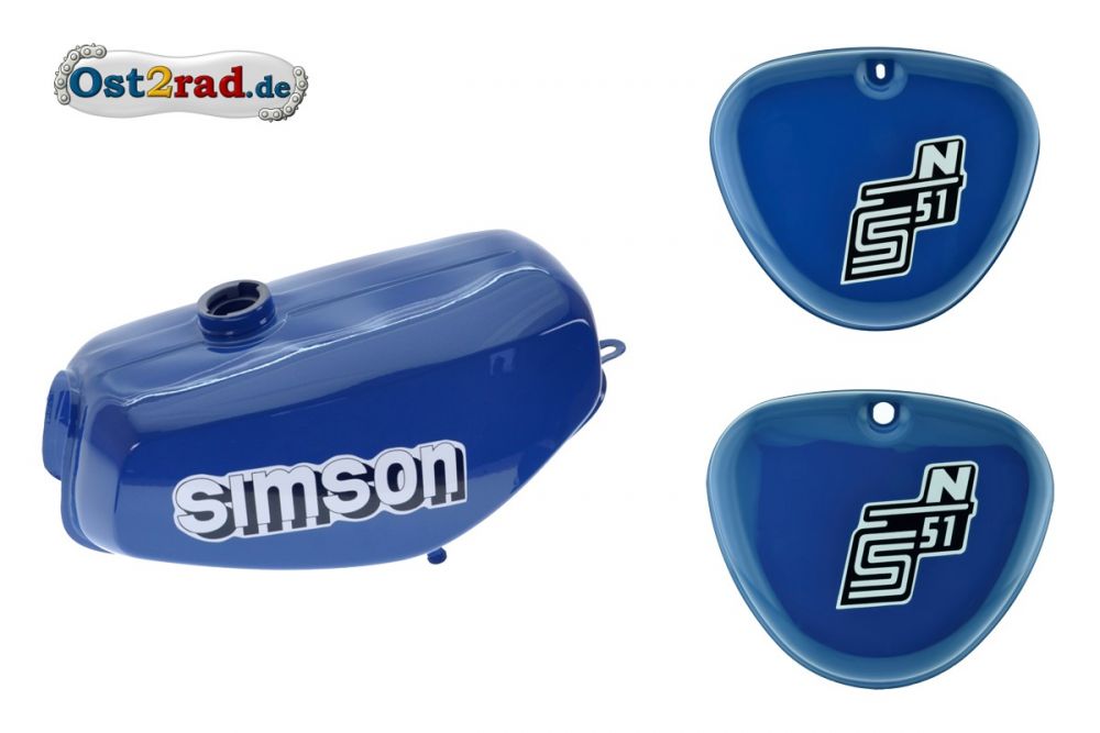 Tank Set Seitendeckel S51N Mittel-Blau, innen versiegelt mit Aufkleber Simson Tank Set Seitendeckel S51N Mittel-Blau, innen versiegelt mit Aufkleber Simson