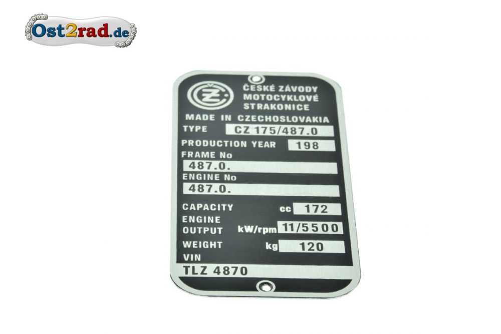 Typenschild groß CZ 175 Typ 487 englisch Typenschild groß CZ 175 Typ 487 englisch