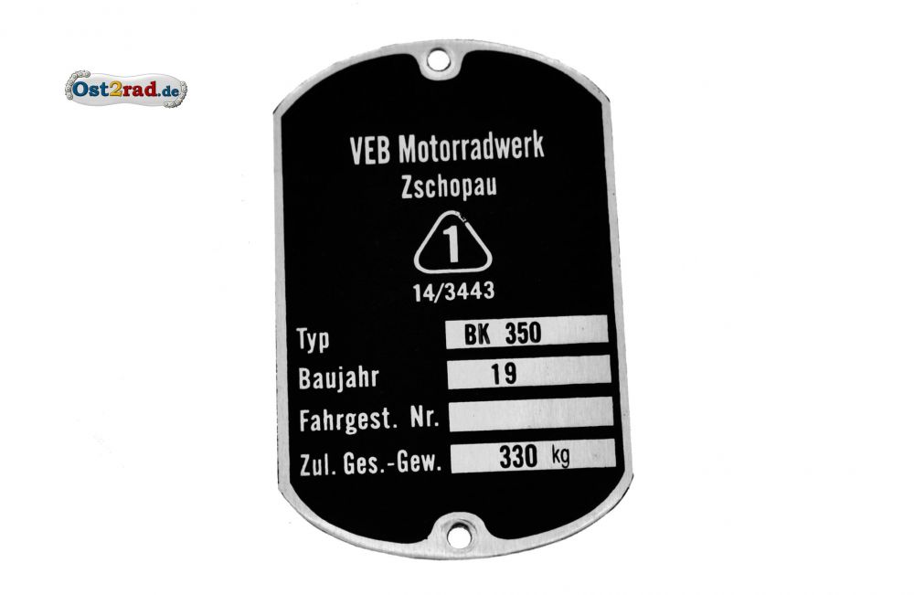 Typenschild passend für MZ BK 350 4-zeilig Typenschild passend für MZ BK 350 4-zeilig