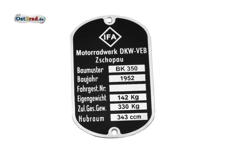 Typenschild passend für MZ BK 350 6-zeilig Typenschild passend für MZ BK 350 6-zeilig