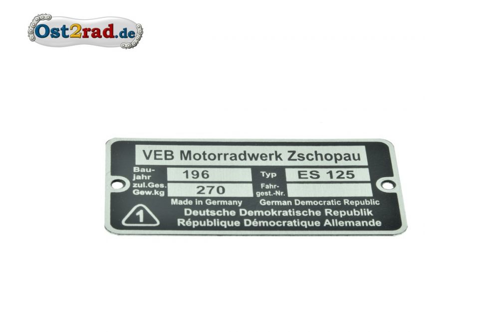 Typenschild passend für MZ ES 125 Typenschild passend für MZ ES 125