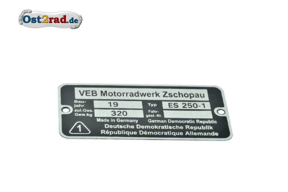 Typenschild passend für MZ ES 250-1 Typenschild passend für MZ ES 250-1