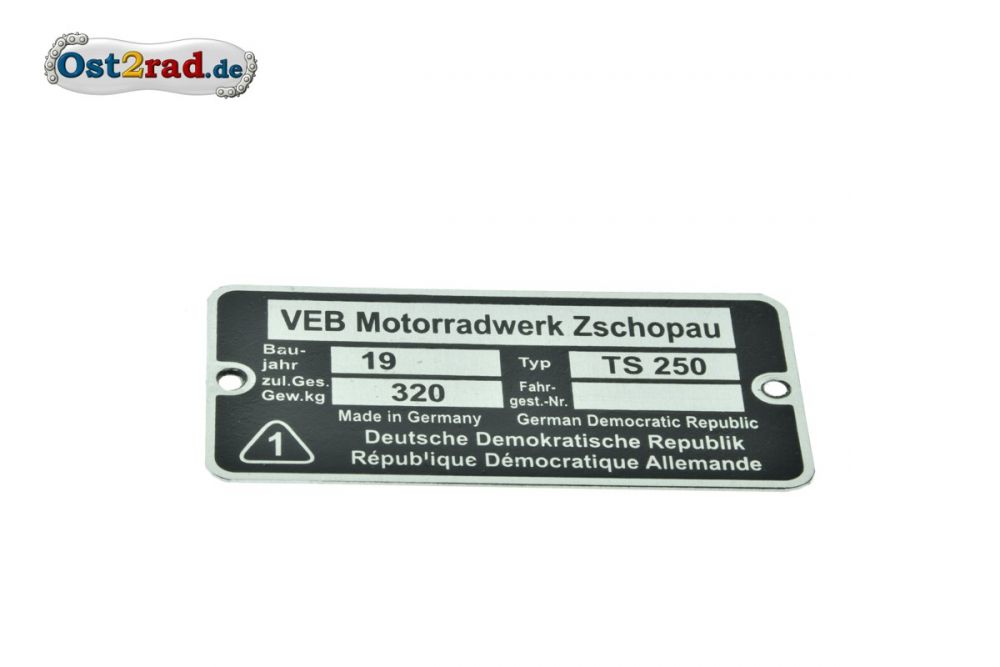 Typenschild passend für MZ TS 250 Typenschild passend für MZ TS 250