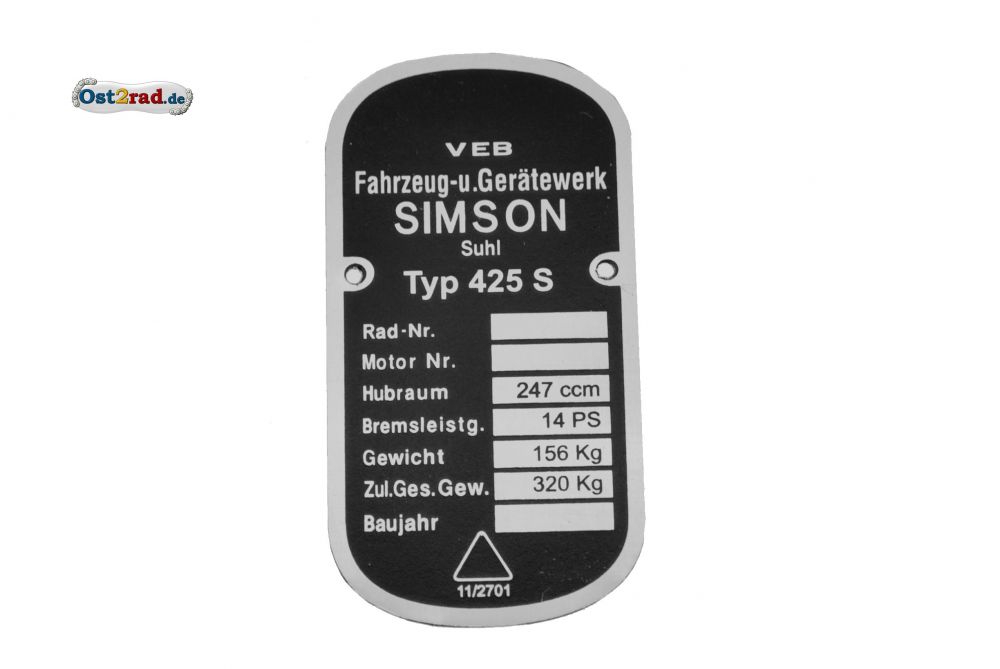 Typenschild SIMSON AWO -S 425 abgerundete Ecken Typenschild SIMSON AWO -S 425 abgerundete Ecken