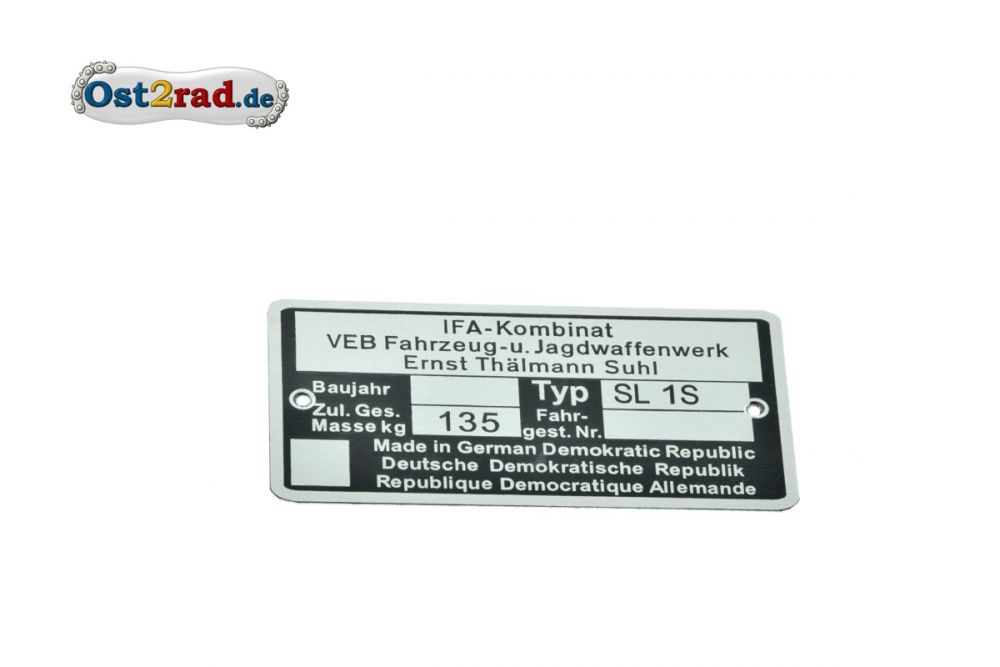 Typenschild SL1 Typenschild SL1